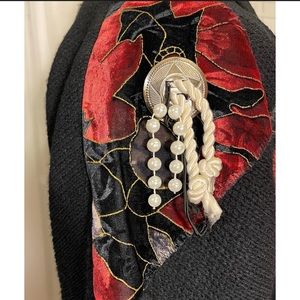 Vintage 80s Red/Black/Gold Cardigan w/Pockets Velvet Patchwork & Pearls Detail M